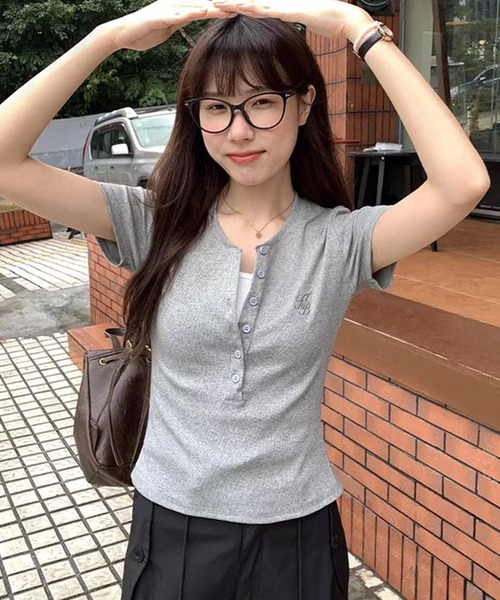 shopnikoniko（ショップにこにこ） ヘンリーネック tシャツ 半袖 T