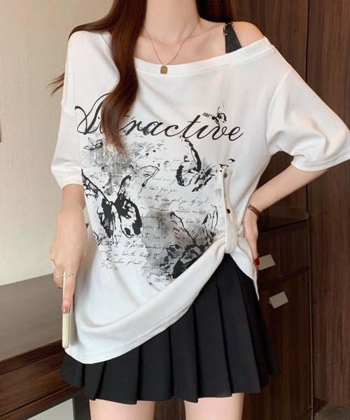 tシャツ 胸プリント肩ベルト付オフショルTシャツ レディース