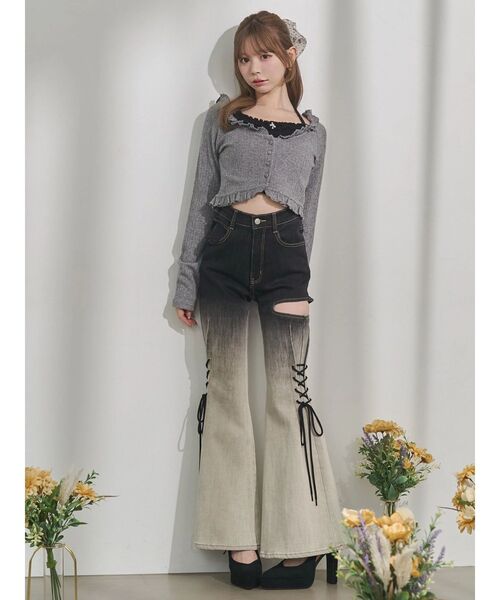 ジーンズ デニム デニムパンツ サイドレースアップカットアウトデニムパンツ レディースの画像