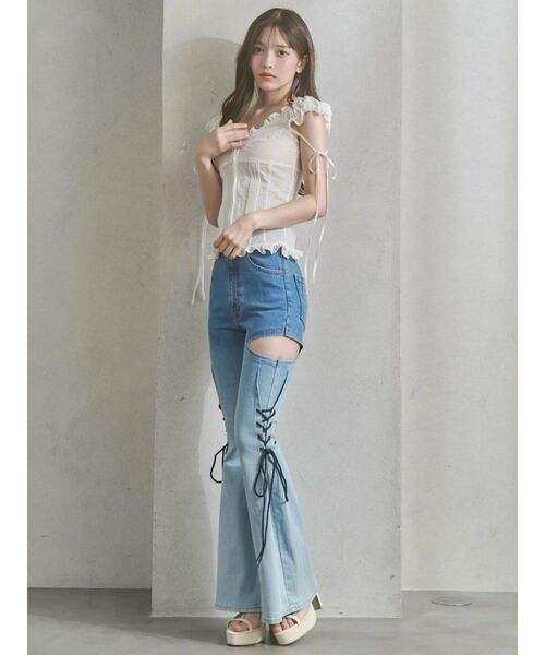 ジーンズ デニム デニムパンツ サイドレースアップカットアウトデニムパンツ レディースの画像