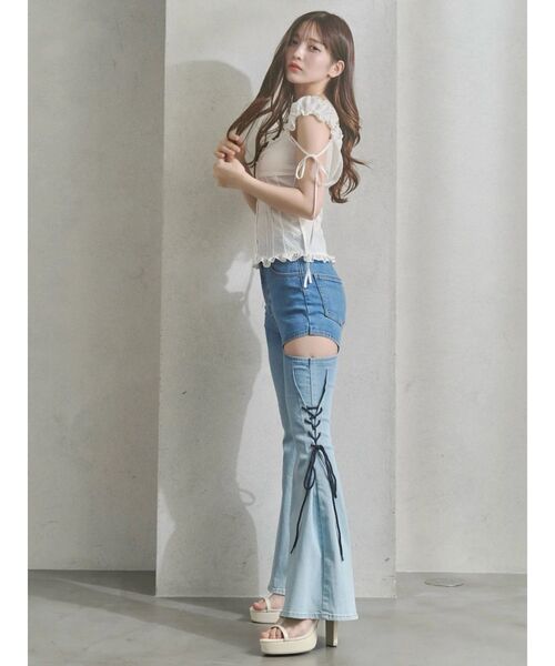 ジーンズ デニム デニムパンツ サイドレースアップカットアウトデニムパンツ レディースの画像