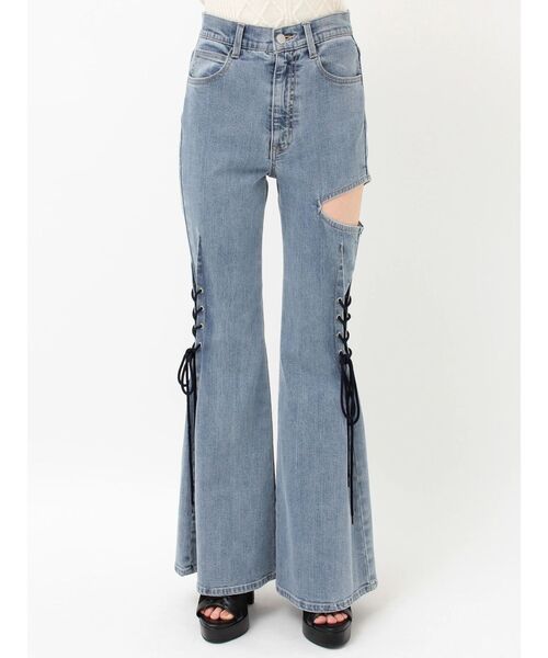 ジーンズ デニム デニムパンツ サイドレースアップカットアウトデニムパンツ レディースの画像