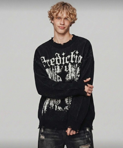 MONOCHROME セーター ニット クロスグラフィックダメージニット メンズ