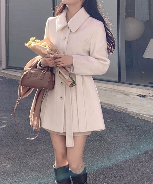 Aelina コート アウター 襟付きメルトンミドル丈コート レディース