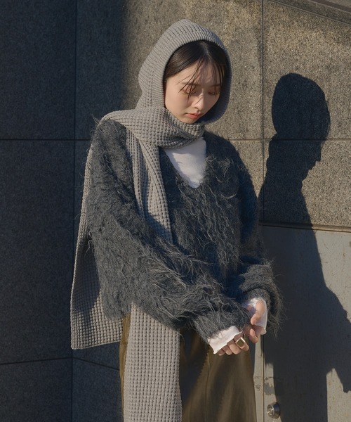 Perushu ニット セーター V Neck Shaggy Knit Pullover／Vネック