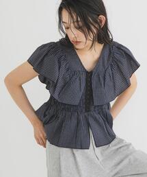KBF（ケービーエフ） ブラウス シャツ フロントホックチェックフリル