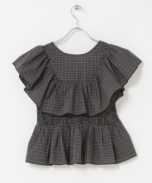 ブラウス シャツ フロントホックチェックフリルブラウス レディースの画像