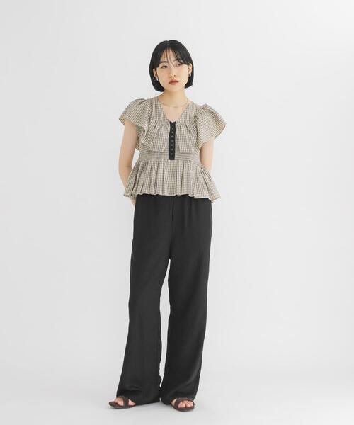 ブラウス シャツ フロントホックチェックフリルブラウス レディースの画像