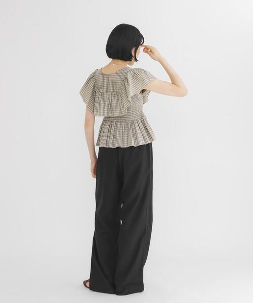 ブラウス シャツ フロントホックチェックフリルブラウス レディースの画像