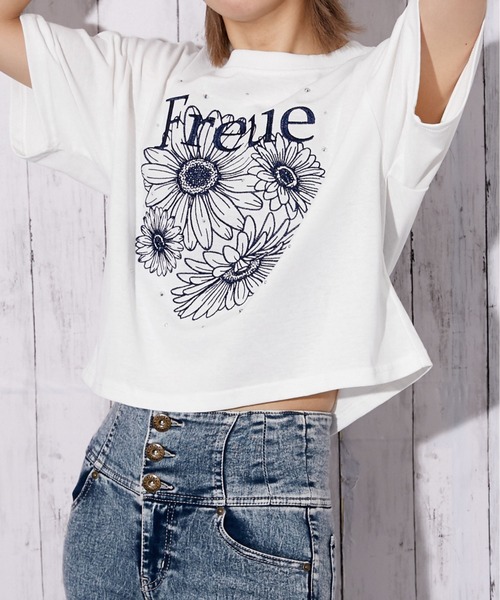 マサミ Dior 花柄刺繍プリント Tシャツとスカート 2A tシャツ 「花柄刺繍×ラインストーン」短丈Tシャツ／Y2K／春夏／全4色