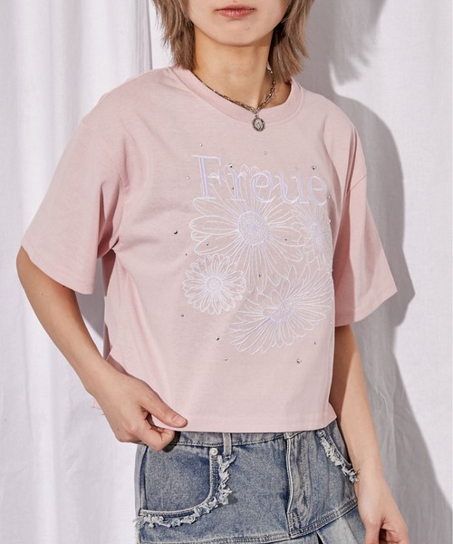 tシャツ 「花柄刺繍×ラインストーン」短丈Tシャツ／Y2K／春夏／全4色