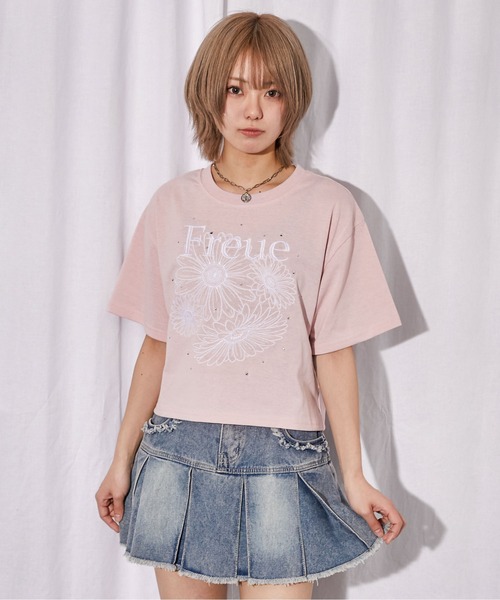 tシャツ 「花柄刺繍×ラインストーン」短丈Tシャツ／Y2K／春夏／全4色