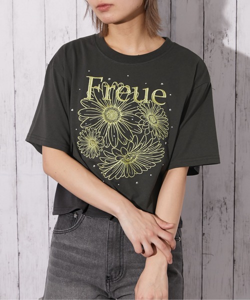 tシャツ 半袖 「花柄刺繍×ラインストーン」短丈Tシャツ／Y2K／春夏／全