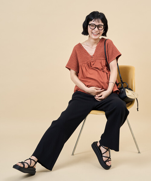 マタニティ 限定展開　「産前・産後対応」オーガニックコットン マタニティ セルフカット リブパンツの画像