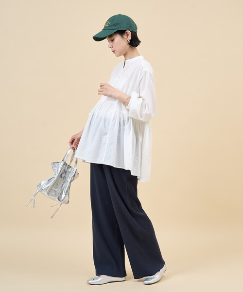マタニティ 限定展開　「産前・産後対応」オーガニックコットン マタニティ セルフカット リブパンツの画像