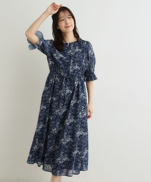 美品✨ローラアシュレイ 花柄 総柄 ワンピース ネイビー 11 リボン レーヨン LAURA ASHLEY（ローラアシュレイ） ワンピース 「洗える／ウエスト