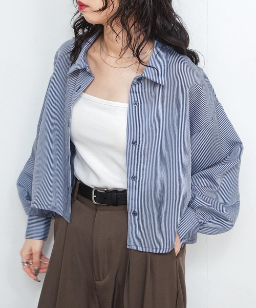 S70: 新品❣️ストライプ シャツ 半袖 水色 サイズ42 半袖ワンポイント刺繍ストライプオーバーシャツ