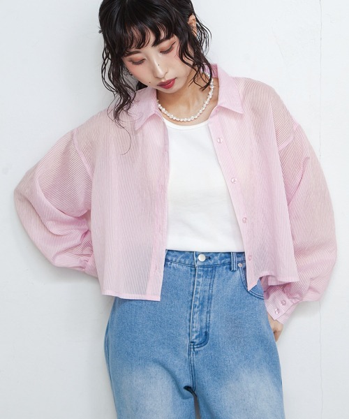 ブラウス シャツ シアーストライプクロップドシャツ レディース