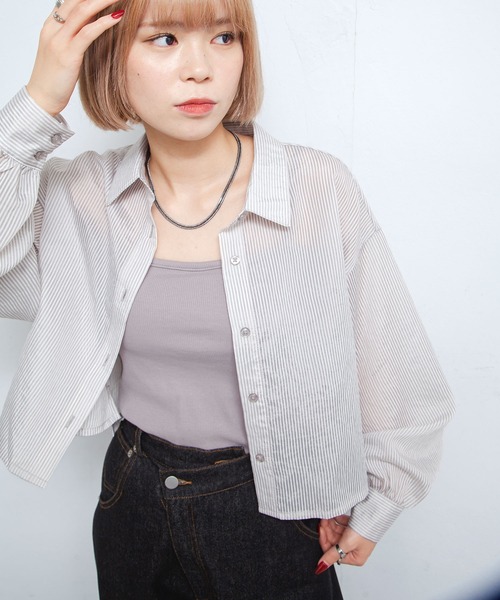 ブラウス シャツ シアーストライプクロップドシャツ レディース