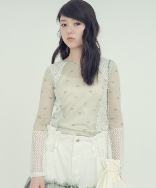 tシャツ heki ヘキ レース切替ロゴメッシュトップス レディース THE MILES tシャツ heki ヘキ レース切替ロゴメッシュトップス