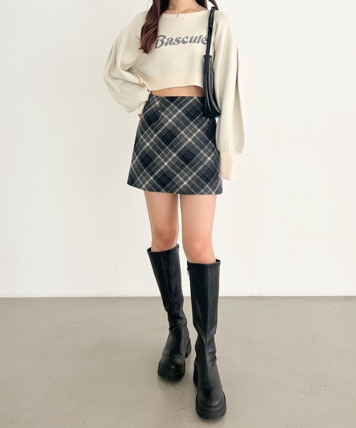 sheller シェリエ レザーパイピングキュロット チェック ミニスカート sheller レザーパイピングキュロット ミニスカート