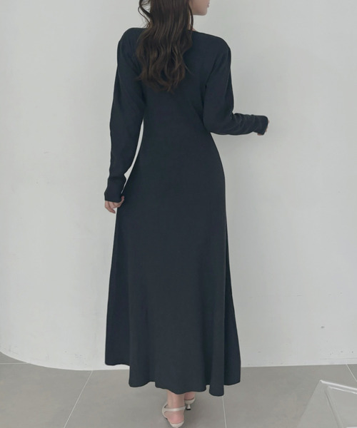 美品☆アドーア ウール ロングワンピース Vネック キーネック 黒 38 アドーア ADORE ウールスムース2Aラインワンピース 長袖 ロング 38