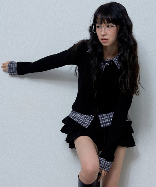 カーディガン 「FANCY CLUB」CHECK SHIRT LAYERED CARDIGAN レディース