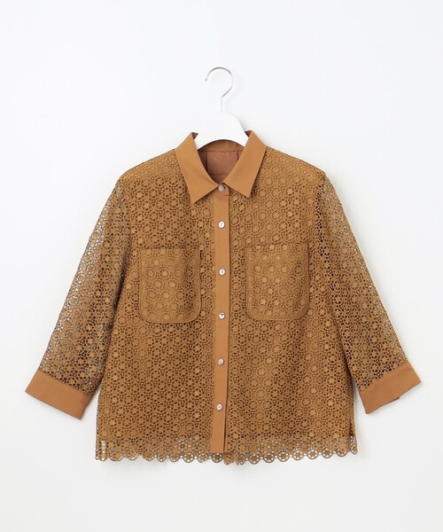 ブラウス シャツ ジオメトリックフラワーレースクロップド丈シャツ ブラウス レディース 自由区 L 【洗える】ジオメトリックフラワーレースクロップド丈