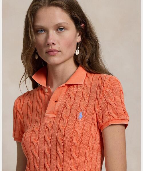 ポロラルフローレン ウォッシュ加工ケーブルニットポロシャツ オレンジ  