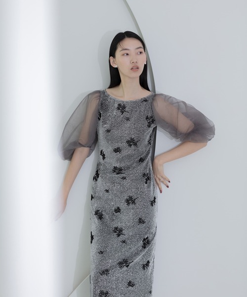 【完売品】LEJAシアーパフスリーブグリッターIラインドレス ワンピース Leja ドレス 「LEJA」シアーパフスリーブグリッターIライン