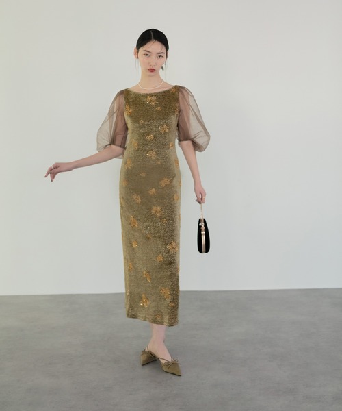 LEJA シアーパフスリーブグリッターIラインドレス Leja ドレス 「LEJA」シアーパフスリーブグリッターIライン