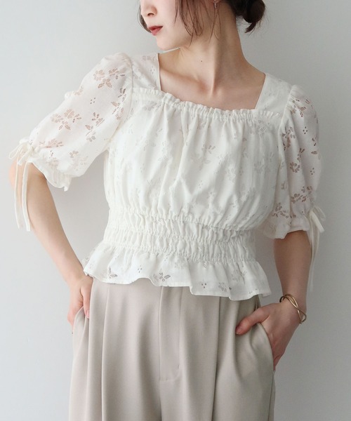 earth music&ecology ブラウス　花柄　白　ホワイト　F earth music&ecology ブラウス シャツ 透かし花柄ブラウス