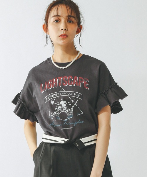 GLOBAL WORK tシャツ ヘビロッTEEフリルプリント半袖/325970