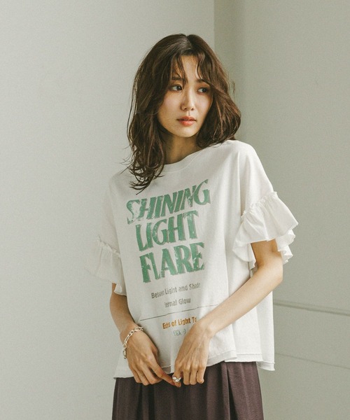 ドゥロワー今期今季フリル付き ブラック 半袖 トップス GLOBAL WORK tシャツ ヘビロッTEEフリルプリント半袖/325970