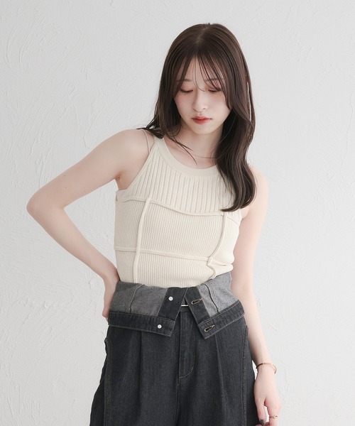 haek メランジアメスリニットタンク セール】melange american sleeve knit tank top/メランジアメ