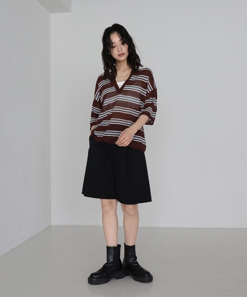 ボーダー ポロ ニット トップス Vネック ルーズ 秋冬 nr6497 hellam ニット セーター ボーダーポロニットトップス レディース