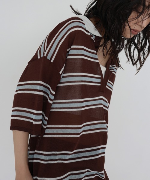 ボーダー ポロ ニット トップス Vネック ルーズ 秋冬 nr6497 hellam ニット セーター ボーダーポロニットトップス レディース
