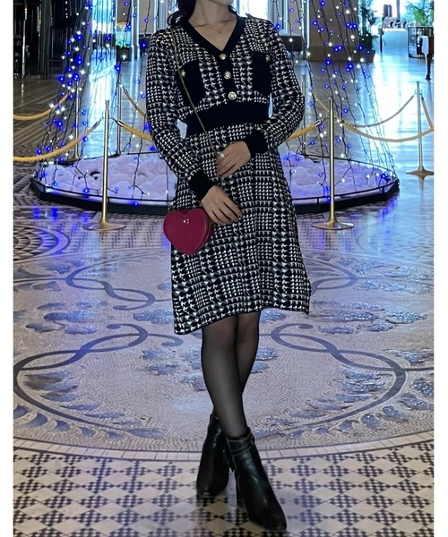 Mejoul ワンピース 千鳥柄 ウエスト切替 ニットミニワンピース