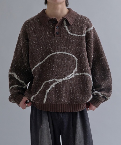 epnok セーター ニット ウェーブラインルーズニットポロ メンズ