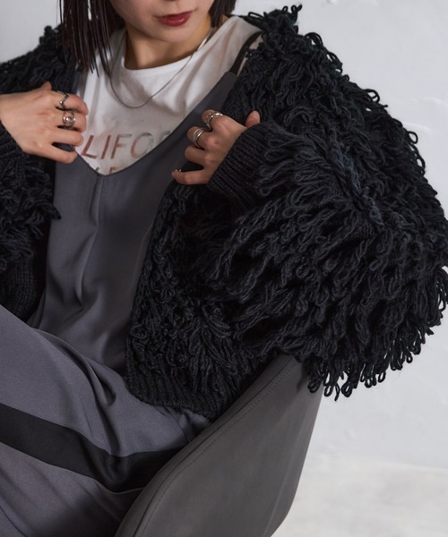 ★未使用★yanuk★ループフリンジカーディガン　ブラック each alchemist カーディガン ループフリンジボレロカーディガン