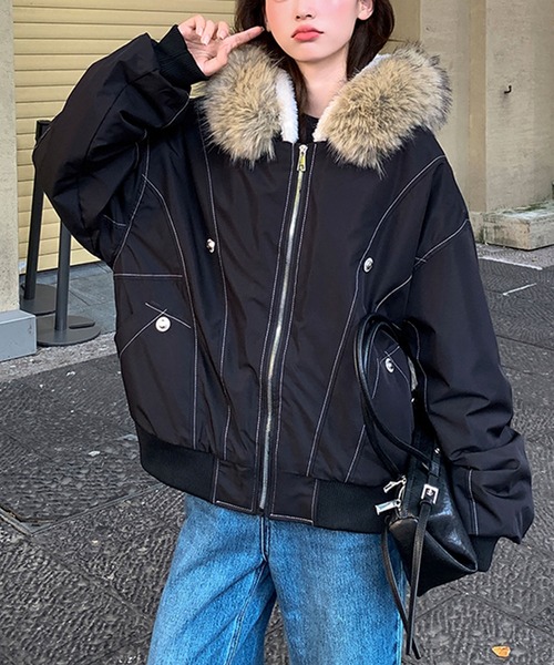 V12 ボア　ジャケット　ファー　ブルゾン ブルゾン アウター ファー付き裏ボアジップアップブルゾン レディース