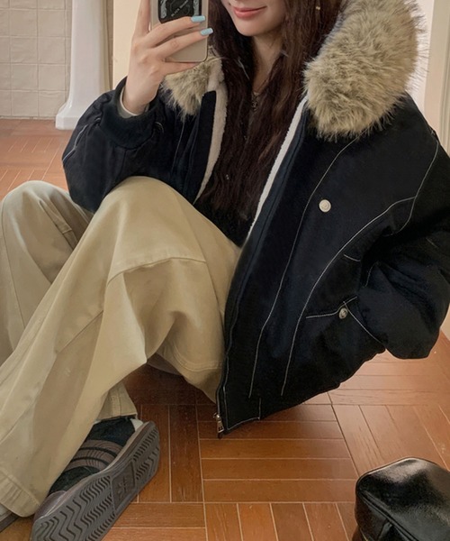 ブルゾン アウター ファー付き裏ボアジップアップブルゾン レディース