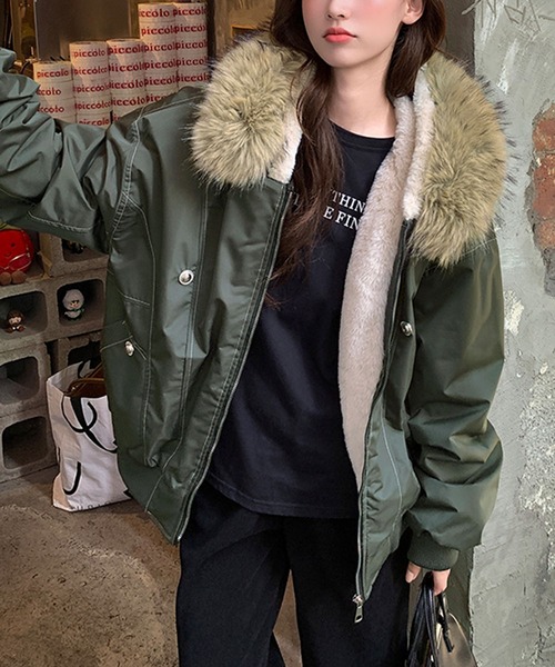 ブルゾン アウター ファー付き裏ボアジップアップブルゾン レディース