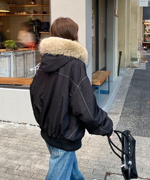 ブルゾン アウター ファー付き裏ボアジップアップブルゾン レディース