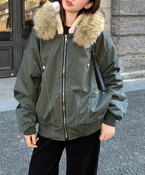 ブルゾン アウター ファー付き裏ボアジップアップブルゾン レディース