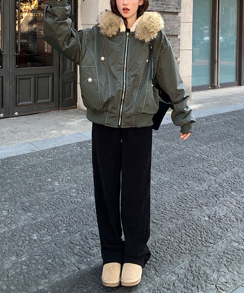 ブルゾン アウター ファー付き裏ボアジップアップブルゾン レディース