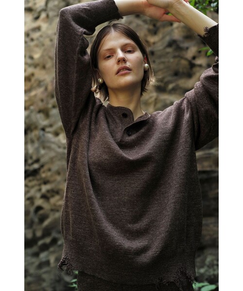 ニット セーター 「LOEFF」ダメージ ヘンリーネック ニット UNISEX レディース メンズの画像