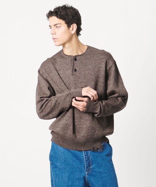 ニット セーター 「LOEFF」ダメージ ヘンリーネック ニット UNISEX レディース メンズの画像