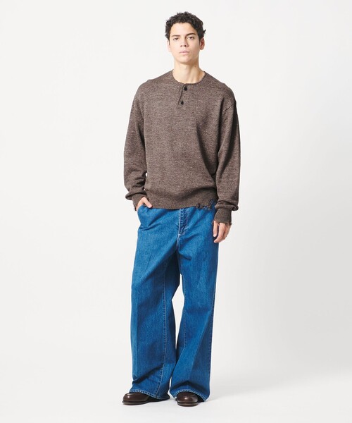 ニット セーター 「LOEFF」ダメージ ヘンリーネック ニット UNISEX レディース メンズの画像