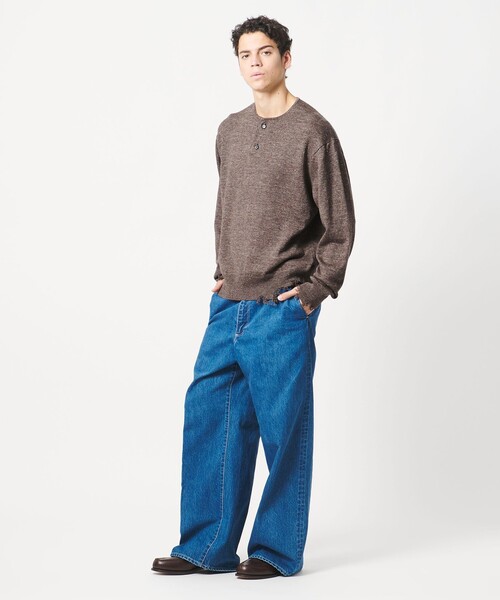 ニット セーター 「LOEFF」ダメージ ヘンリーネック ニット UNISEX レディース メンズの画像